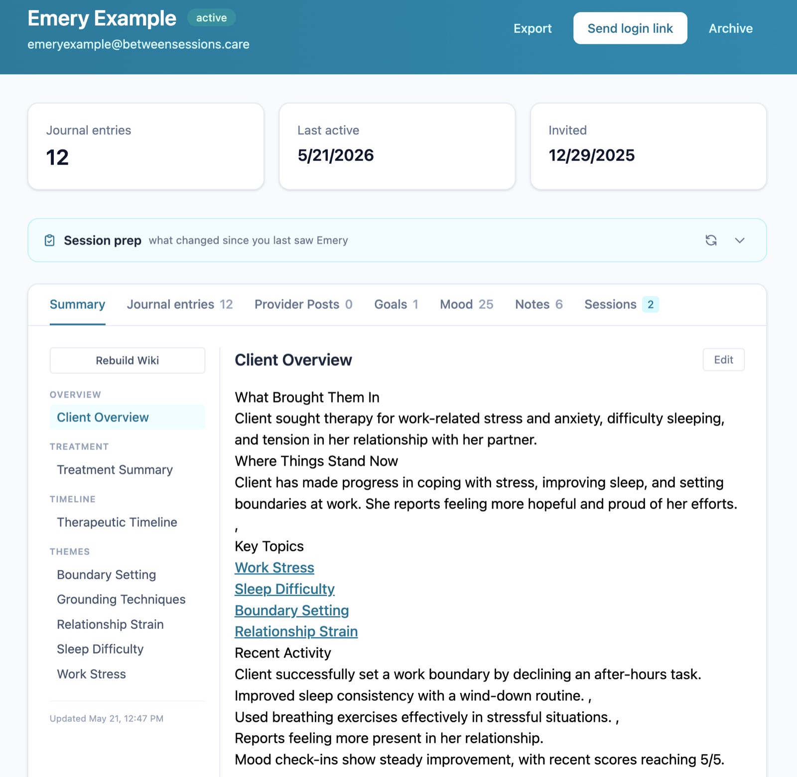 Client overview showing what brought the client in, where things stand, key topics, and recent activity